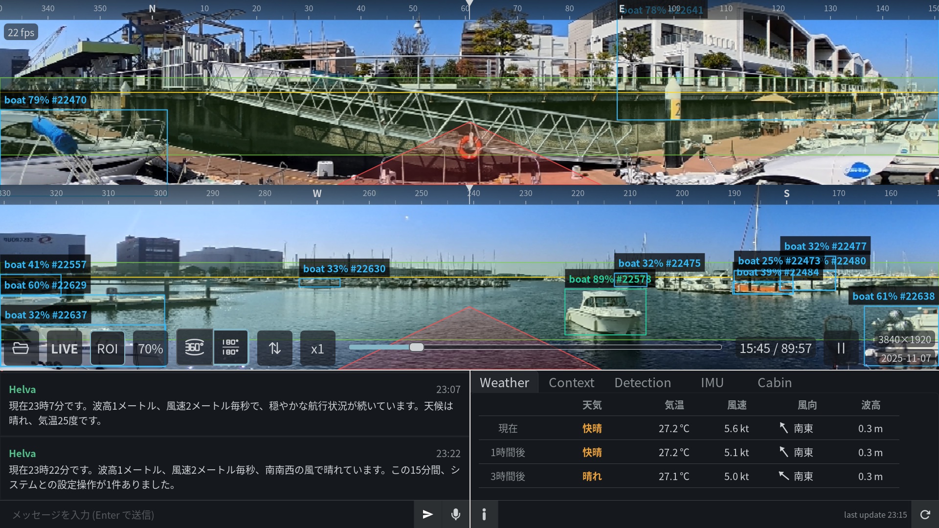 右のモニタ。360°カメラの前後2段、検出枠、対話ログ、気象